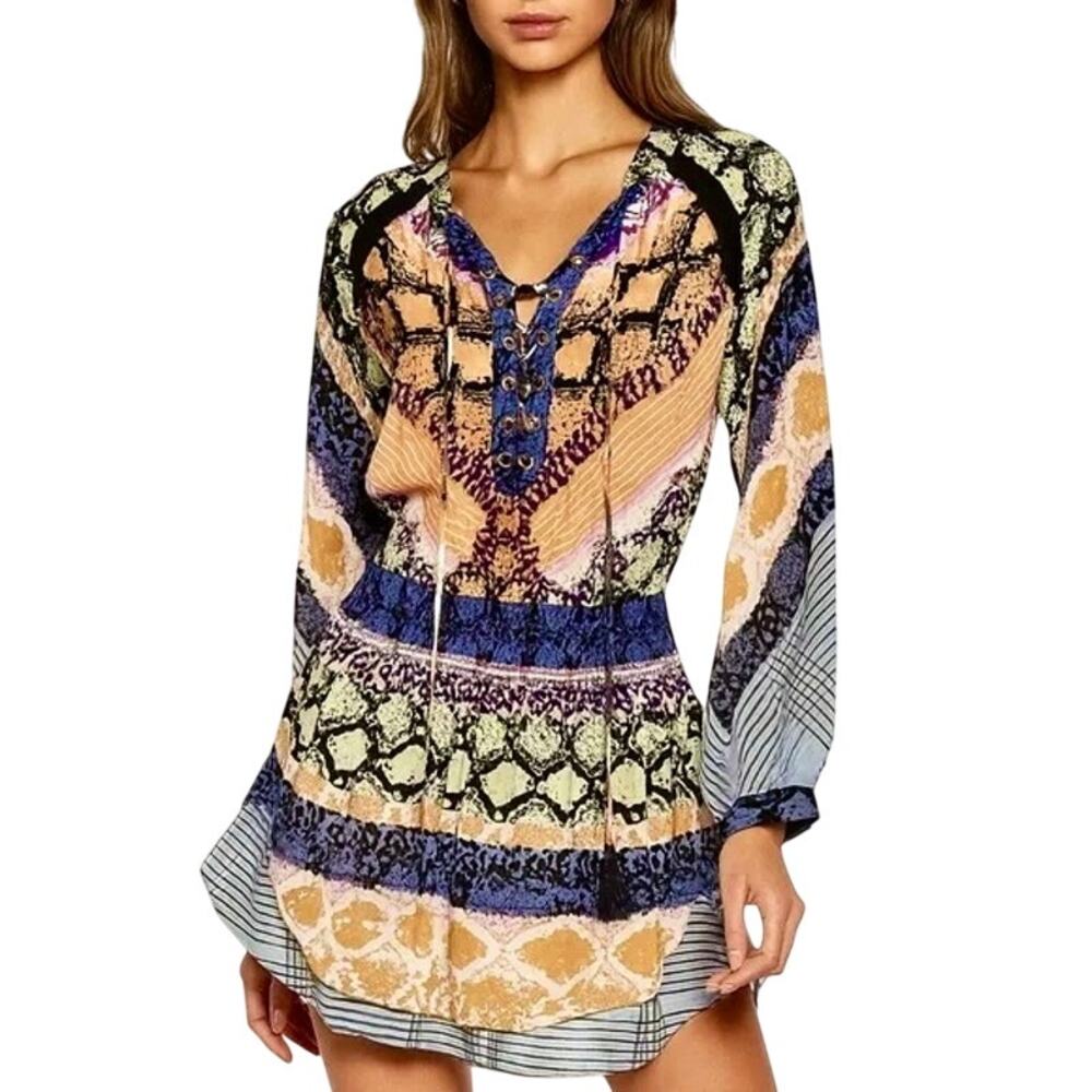 Hale Bob 100% Silk Beaded Boho Smocked Mini Dress LaceUp Festival Hippie Tribal